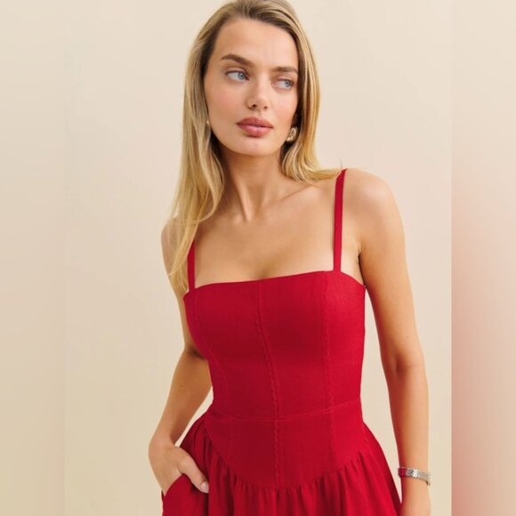 NEW Reformation Katarin Linen Midi Dress Lipstick Red Lace Detail | size 6 - Picture 4 of 15